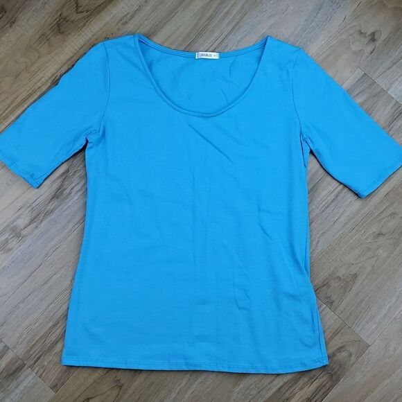 🔹️🔺️Blue Scoop Neck Stretchy Elbow Sleeve Top Large - Picture 5 of 11